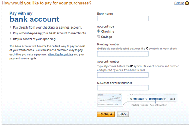 Enter Bank Account information